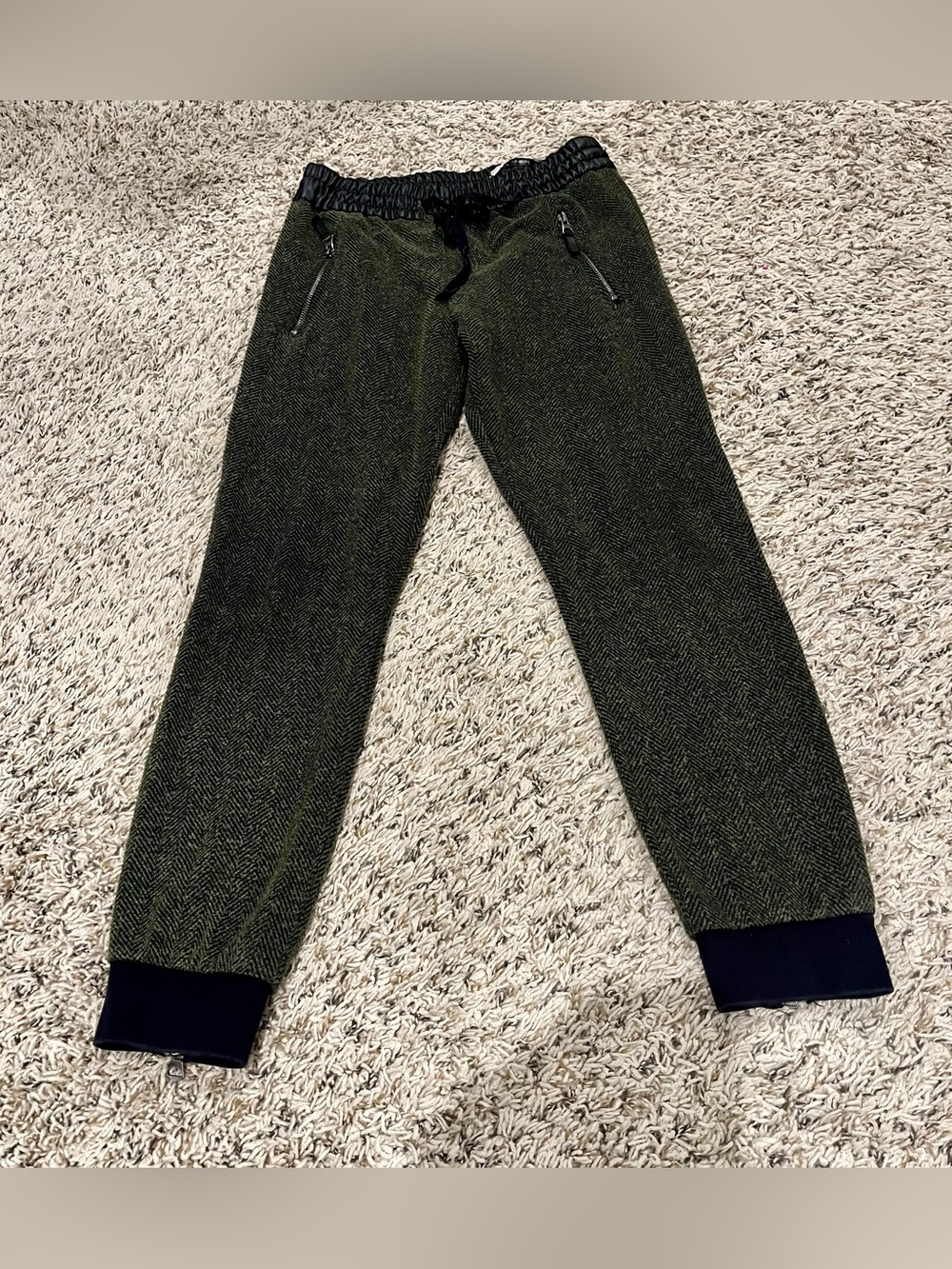 Zara Woman Relaxed Herringbone Jogger Pants Olive Green Faux Leather Trim S